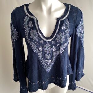 Free People blue multicolor embroidered boho split v-neck blouse